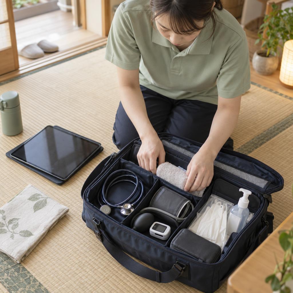 訪問かばんに血圧計や記録用のタブレットを詰める看護師