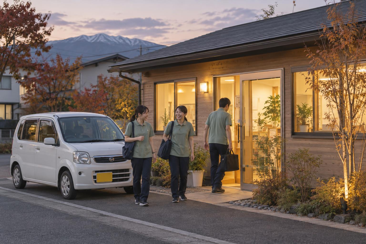 夕方、訪問を終えて事務所に戻るスタッフ