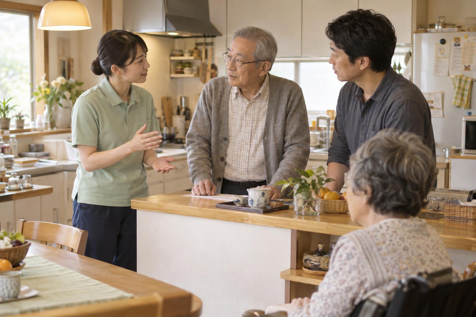 台所で家族に介護の方法を説明する看護師