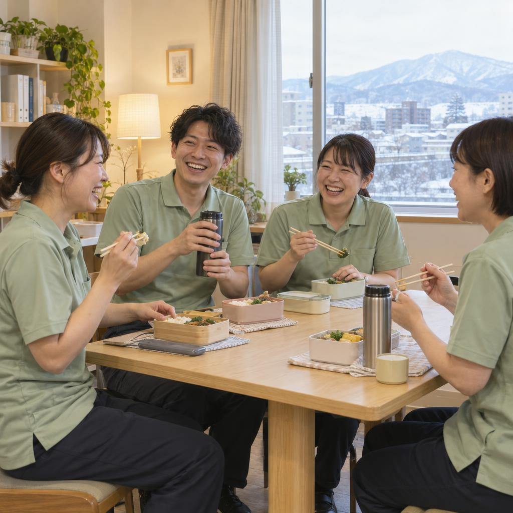 事務所で昼ごはんを食べながら話すスタッフ