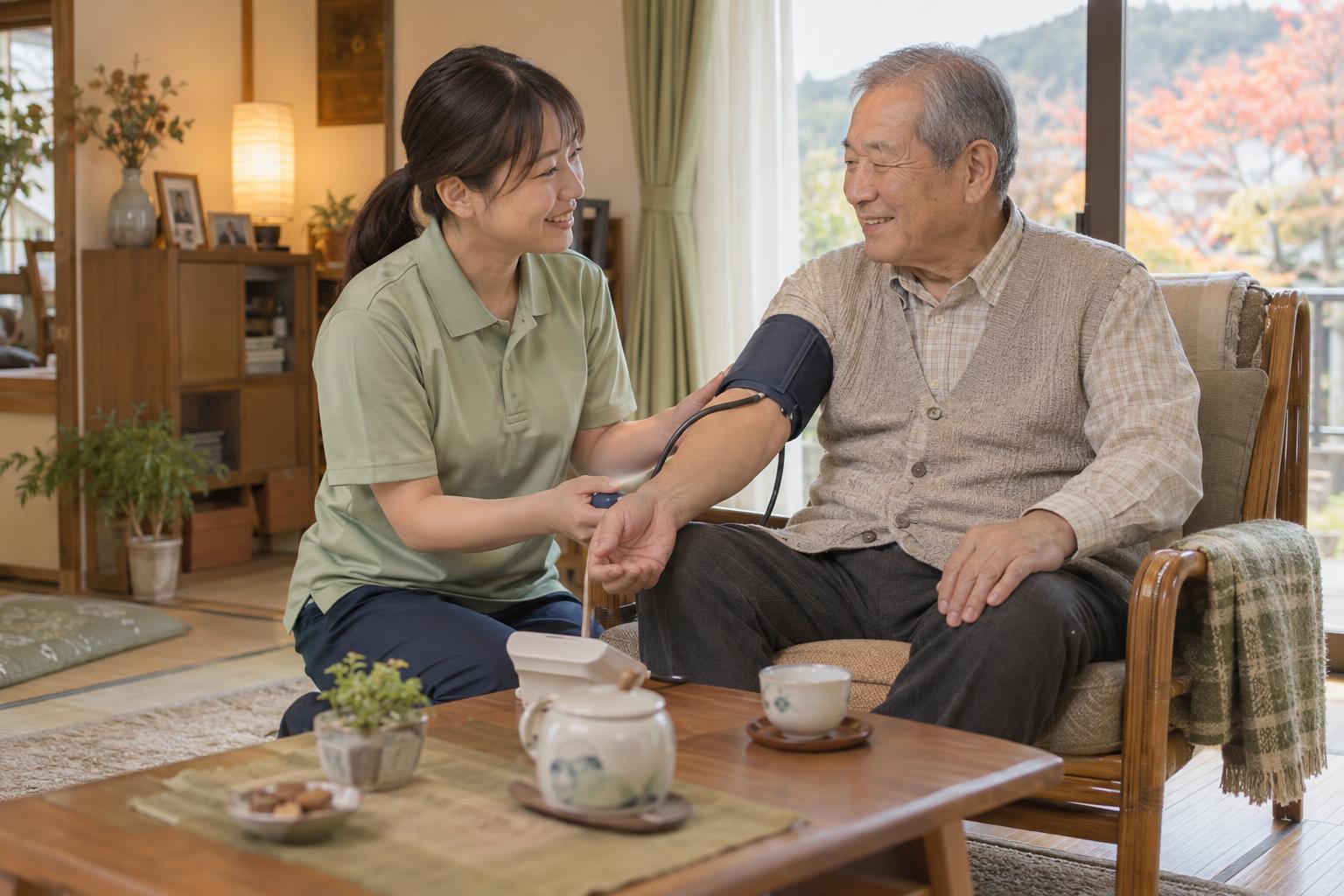 利用者さんの家で、血圧を測りながら話す看護師