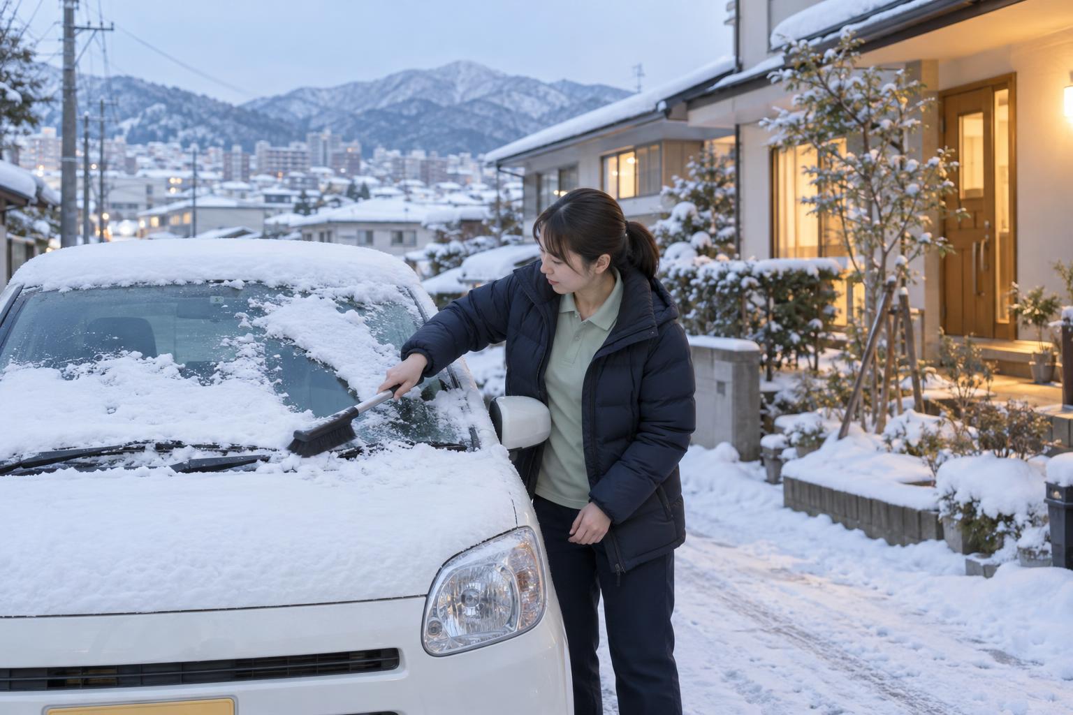 雪の朝、訪問の車の雪を払う看護師