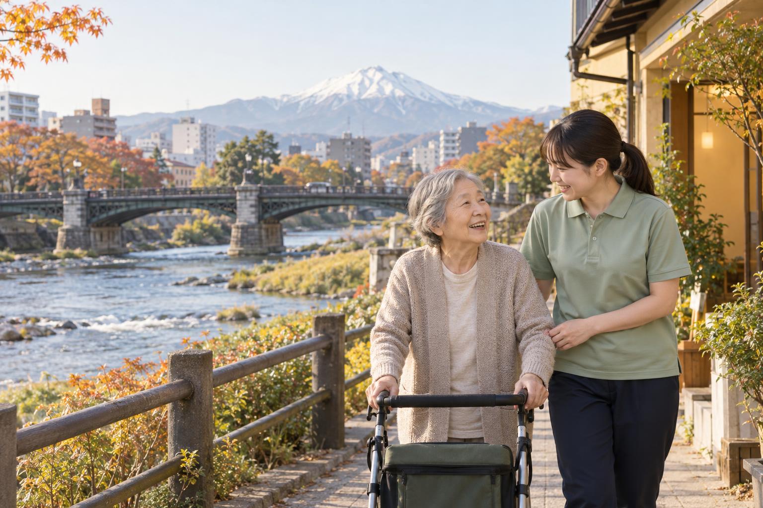 岩手山と川の見える盛岡の街並み