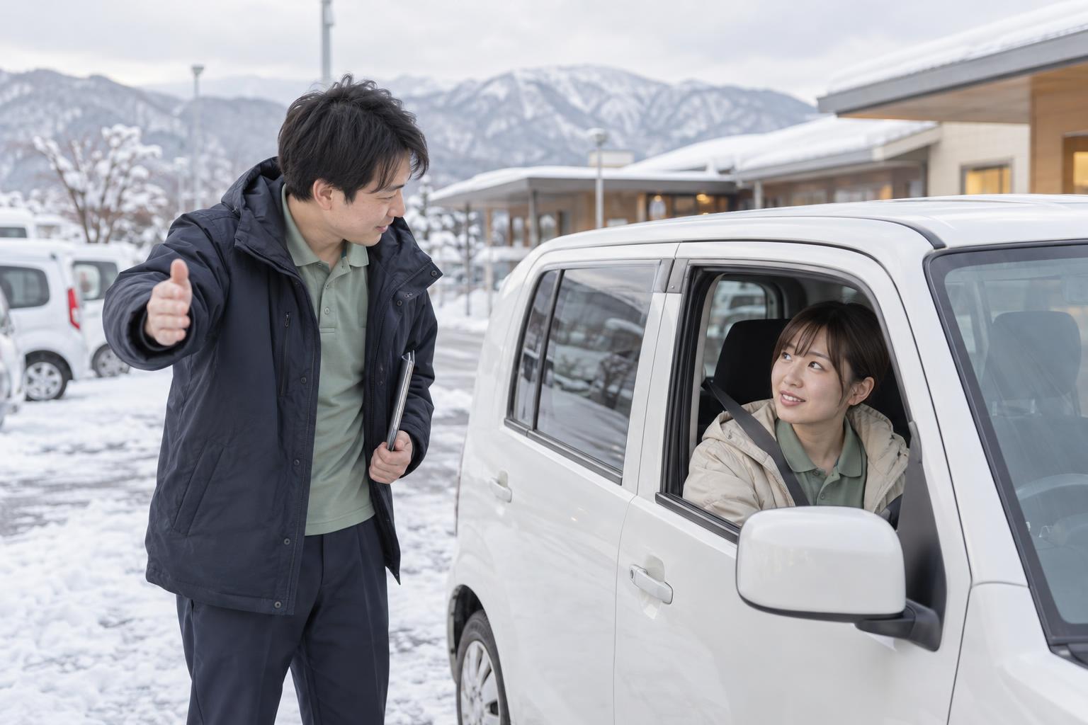雪の駐車場で運転の講習を受ける看護師